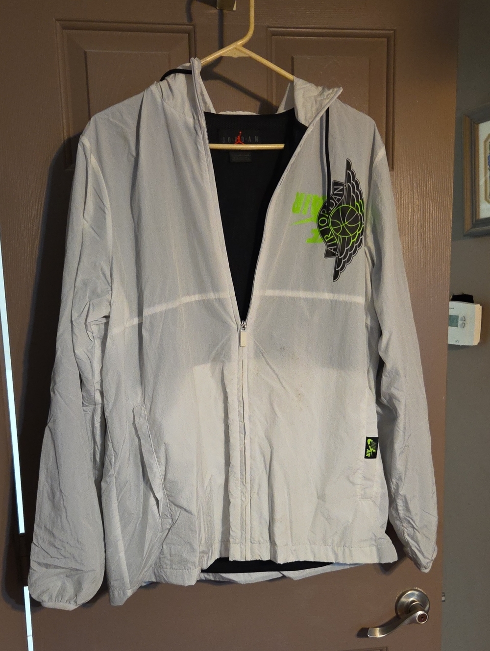 Jordan Light Gray Hooded Windbreaker with Neon Green Detail